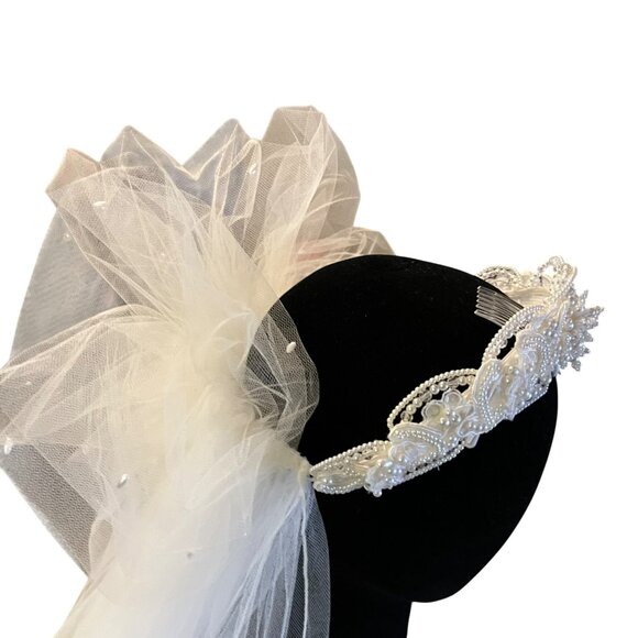 Vintage 1990s Beaded Bridal Headband Veil Cream Tulle Two Tier Mid Length - Picture 15 of 16